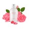 Cosmetic bottles. Aroma good rose smell for skin care. vector realistic background
