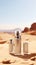 Cosmetic bottles on the sandstone with a blurred desert backdrop.Natural organic cosmetic mock up. Generative AI.