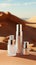 Cosmetic bottles on the sandstone with a blurred desert backdrop.Natural organic cosmetic mock up. Generative AI.