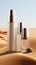 Cosmetic bottles on the sandstone with a blurred desert backdrop.Natural organic cosmetic mock up. Generative AI.