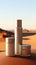 Cosmetic bottles on the sandstone with a blurred desert backdrop.Natural organic cosmetic mock up. Generative AI.