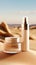 Cosmetic bottles on the sandstone with a blurred desert backdrop.Natural organic cosmetic mock up. Generative AI.