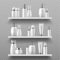 Cosmetic bottles on shelf. Realistic beauty products packaging. 3D blank containers for liquid lotions and shampoos, or