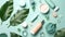Cosmetic care products and leaves on a green background, top view, generative AI.