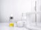 Cosmetic chemicals ingredient on white laboratory table. Ethanolamine, Acid, Cetyl Alcohol, Yellow cosmetic color oil,