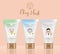 Cosmetic clay packaging concept. Tubes with different prints. Logo and cute girls illustration.