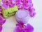Cosmetic cream flower orchid spring hygiene on wooden background
