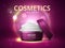 Cosmetic cream poster. Face skin care jar beauty product, advertising banner design, glow backdrop, realistic open