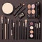 Cosmetic elegance Set of makeup products viewed from the top