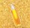 Cosmetic face or hair care oil mock up banner top view 3d render. Repair beauty skin care product pump bottle with gold