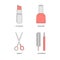Cosmetic icons. Lipstick, nail polish, scissors, mascara, pencil.