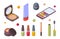 Cosmetic isometric. Beauty makeup accessories for women lipstick eye shadow mirror pencils for lips garish vector icons