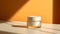 Cosmetic jar on glass stand on yellow background in rays of sunlight. White glass jar for cream, lotion or mask. Generative AI