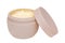 Cosmetic labels. Closeup of an open cosmetic jar of concealer cream, makeup foundation, moisturising cream for the face or an