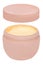 Cosmetic labels. Closeup of an open cosmetic jar of concealer cream, makeup foundation, moisturising cream for the face or an