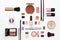 Cosmetic makeup brush, face powder, eye shadow, nail Polish, trimmer and other accessories on white background top view.