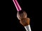 Cosmetic makeup brushes on black background flash explosion splash powder shadow blush.