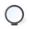 Cosmetic mirror isolated on white background. Desktop makeup mirror with stand close-up. Home round vanity mirror in a black