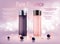 Cosmetic moisturizing brand product. Shiny pink and purple serum bottle