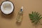 cosmetic oil bottle ,coconut and tropical leaf on a beige background