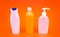 For cosmetic packing. Packaging bottles. Refillable bottles with flip cap and pump dispenser. HDPE