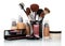 Cosmetic paint brushes, bottles with foundation, lip gloss, shad