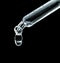 Cosmetic pipette with a dripping drop close-up on a black background