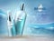 Cosmetic product background. Blue water beauty skin care fresh moisture cream bottle mask. Vector cosmetic promotion