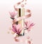 Cosmetic product, Foundation, concealer, cream with flowers. Beautiful bottle with flowers Magnolia. Vector.