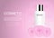 Cosmetic product milk cream with pink camellia on pink background vector cosmetic ads