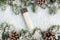 Cosmetic product on winter snow background with christmas fir branches . Beauty product for skin care. Flat lay