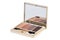 Cosmetic products isolated. Close-up of a elegant cosmetic multi-color box with eye shadows powder and a eye shadow brush isolated