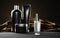 Cosmetic products for men on dark background with gold silk cloth mock up banner. Black empty shampoo bottle, tube of