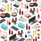 Cosmetic Products Seamless Pattern Background Isometric View. Vector