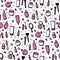 Cosmetic products seamless pattern. Cartoon make up background. Lipstick, mascara, perfume, eyeshadows. Makeup and