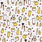 Cosmetic products seamless pattern. Cartoon make up background. Lipstick, mascara, perfume, eyeshadows. Makeup and