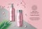 Cosmetic products vector banner template. Cosmetics mock up bottle of whitening and moisturizing products.