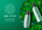 Cosmetic products vector banner template. Cosmetics product with bottles, leaves and water drops elements in green background.