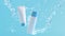 Cosmetic products in water splash on blue background. Realistic 3d animation of empty packaging mock up ad. Cleansing