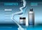 Cosmetic realistic package ads template. Face and body cream hydrating products in blue bottles. Mockup 3D illustration
