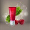 Cosmetic red mock-up with leaf and cherry realistic template illustration