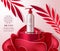 Cosmetic rose product vector banner template. Cosmetics lotion product with rose extract for beauty skin care mock up commercial.