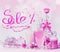 Cosmetic sale text lettering with glass product bottles , pink ribbons and flowers standing on white pink background with bokeh.