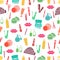 Cosmetic seamless pattern, accessories background. Colorful abstract flat products