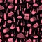 Cosmetic seamless pattern, accessories background. Pink products on black