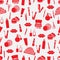 Cosmetic seamless pattern, accessories background. Red products on white