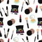 Cosmetic seamless pattern, fashion accessories background. Lipstick, brush, eye shadow, mascara, blush on white . For decoration,