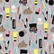 Cosmetic seamless pattern, makeup accessories background. Diverse colorful products on gray . Stylish and fashionable decoration.