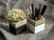 Cosmetic set and dried flower in cubic shape concrete container