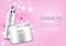 Cosmetic set and pink camellia with bubble light on pink background